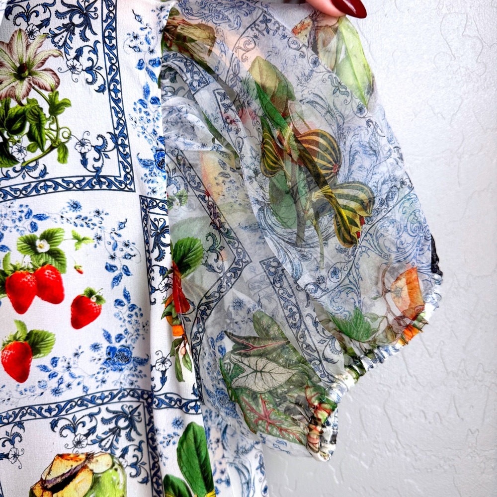 Alice + Olivia Willa Silk Puff Sleeve Blouse Fruit Market - Picture 12 of 16